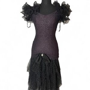 Vintage 80s Talon Women's 7-8 Chiffon Ruffled Cocktail Midi Dress Made in USA